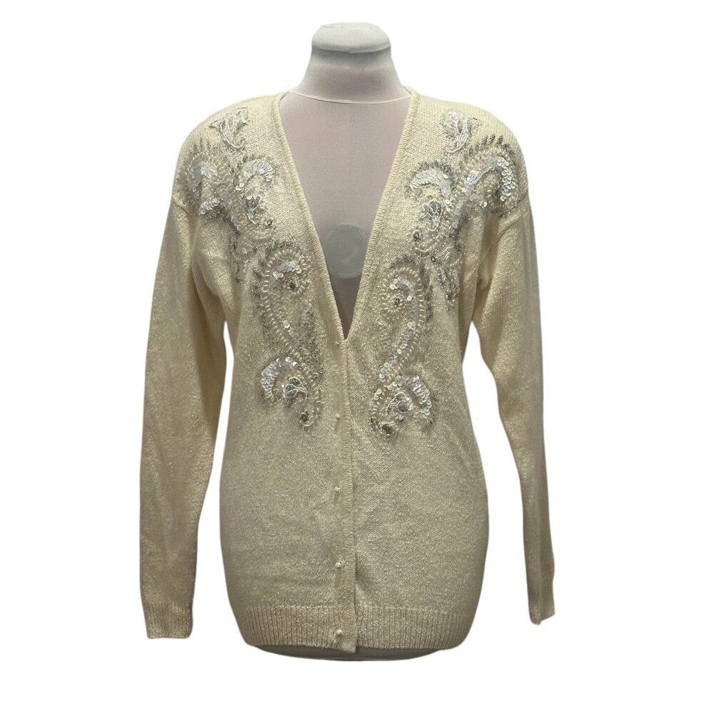 VINTAGE Worthington Cream Silk Angora Cardigan Sequined Beaded Appliqued SMALL